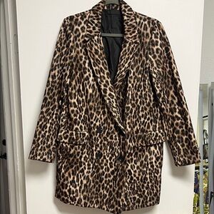 Vintage Leopard Animal Print Soft Double Breasted Long Blazer Coat Large